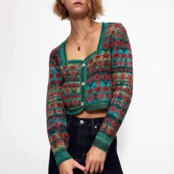 Zara Sweater Cardigan Nordic Jacquard Knit Square